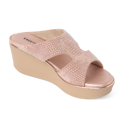 Contemporary Stone Embellished Peach Wedge Heel Slippers For Party Wear