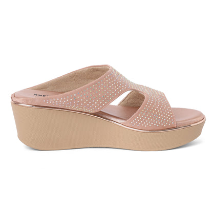 Contemporary Stone Embellished Peach Wedge Heel Slippers For Party Wear