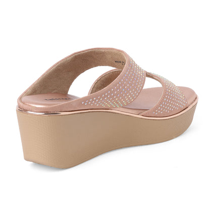 Contemporary Stone Embellished Peach Wedge Heel Slippers For Party Wear