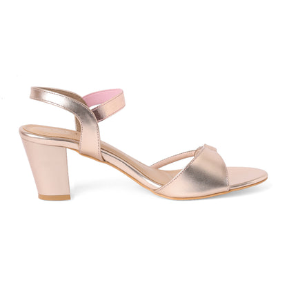 Sophisticated Glitter Rose Gold Block Heel Sandals For Party Wear