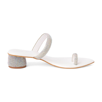 Exquisite Stone Embellished White Round Heel Slippers For Party Wear