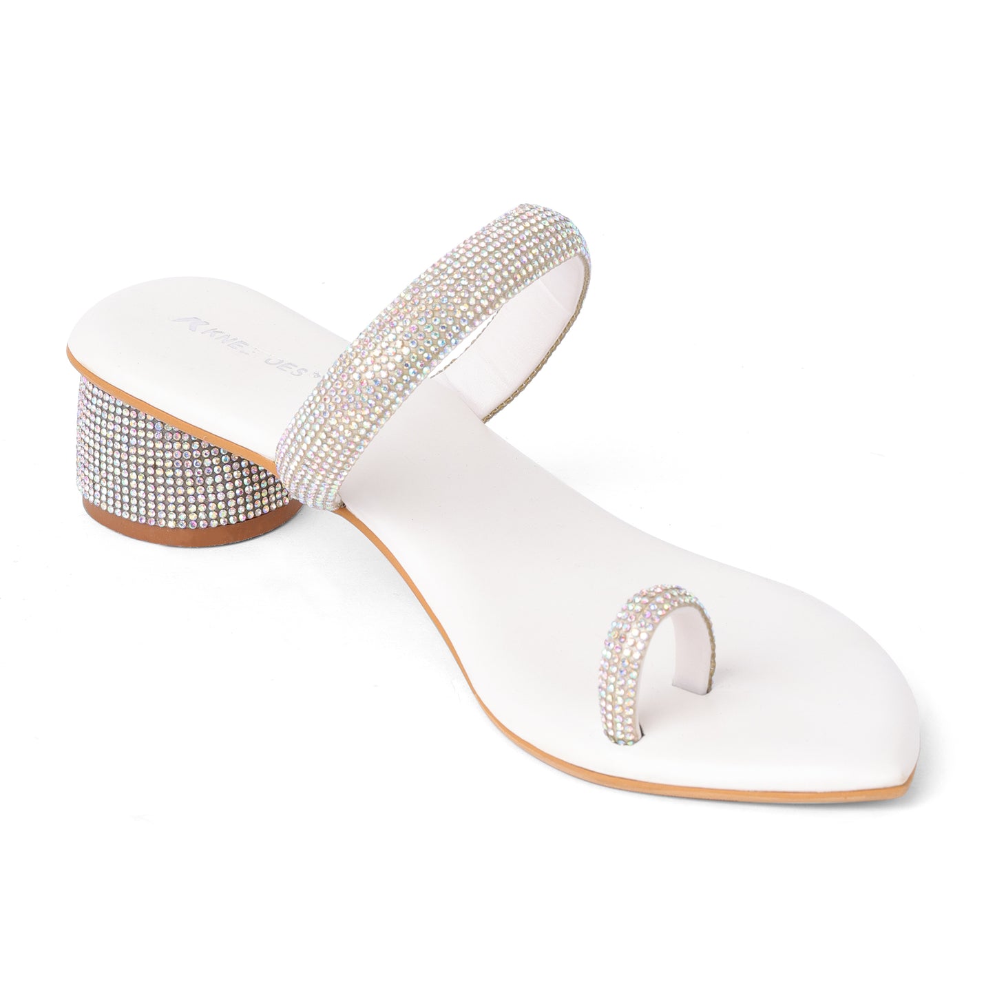 Exquisite Stone Embellished White Round Heel Slippers For Party Wear