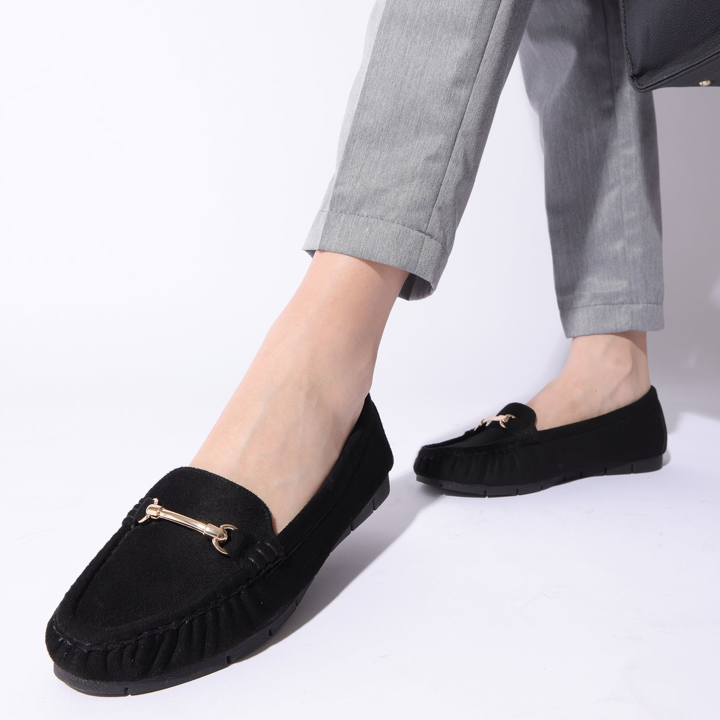 Contemporary Suede Black Flat Bellarinas For Office Comfort