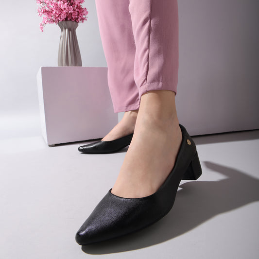 Snazzy Matt Finish Black Block Heel Pumps For Office Comfort