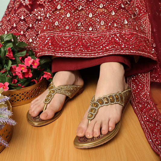 Exquisite Zari Gold Flat Slippers For Wedding Wear