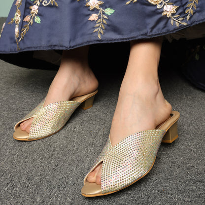 Elegant Stone Embellished Gold Block Heel Slippers For Party Wear