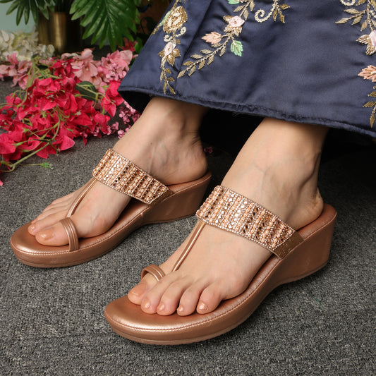 Elegant Zari Rose Gold Wedge Heel Sandals For Wedding Wear