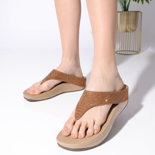 Snazzy Stone Embellished Brown Low Platform Slippers For Everyday Casuals