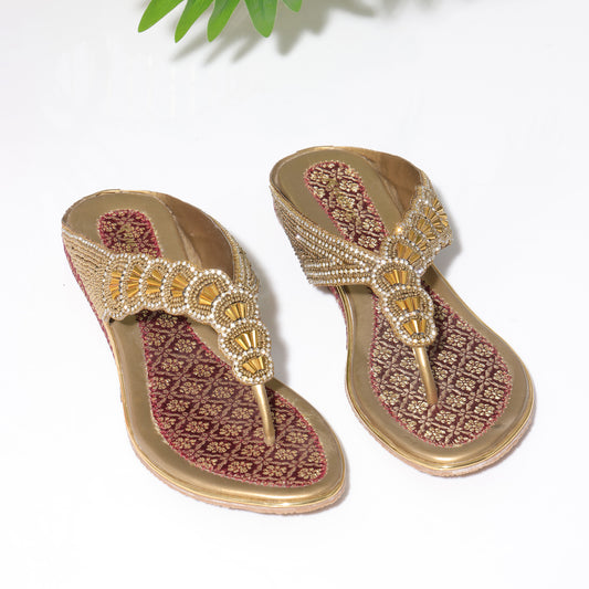 Exquisite Zari Bronze Flat Slippers For Wedding Wear