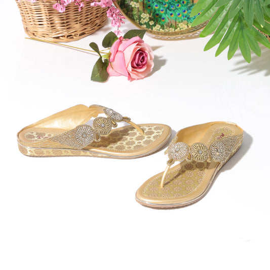 Exquisite Zari work Gold Flat Slippers For Wedding Wear