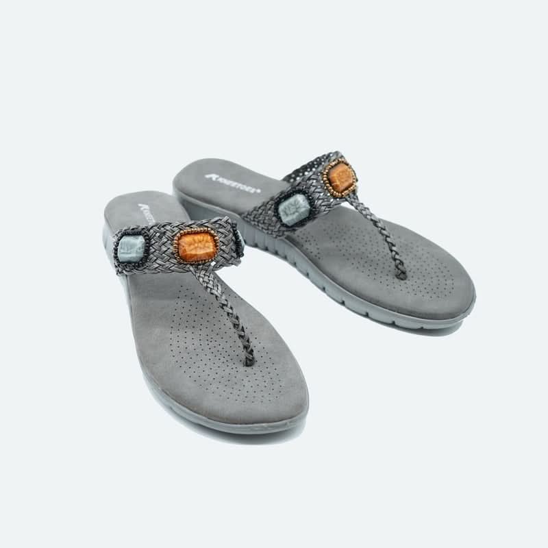 Bold Gem-Studded Grey T-Strap Sandals