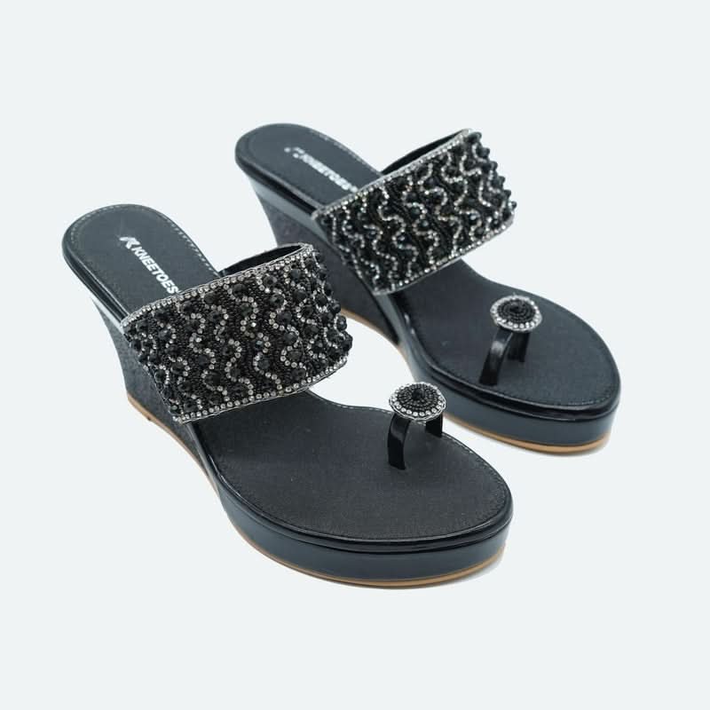 Gemglow Black Wedge Heel Sandals