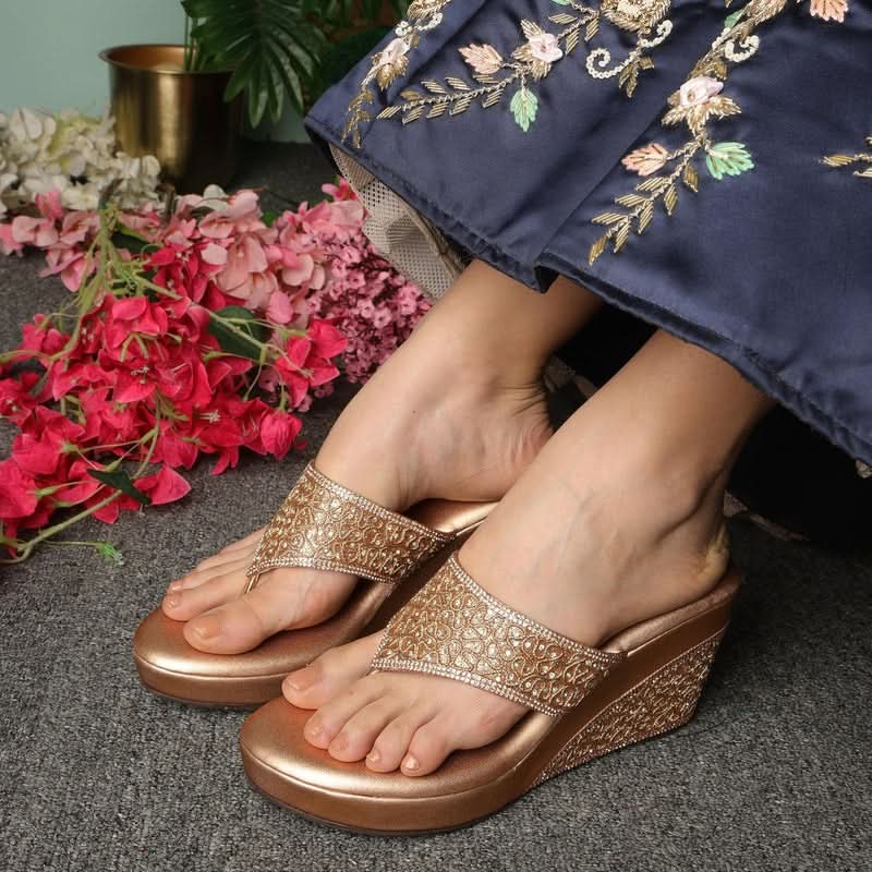 Dazzling Rose Gold Wedge Sandals - Main Image