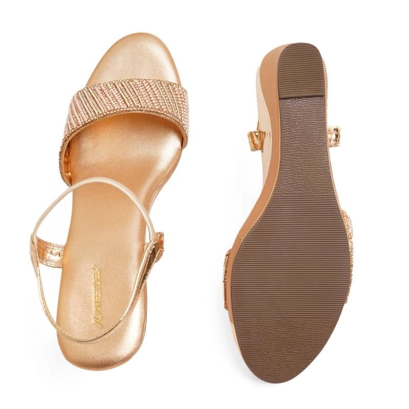 Gold Stone-Work Beaded Wedge Sandals