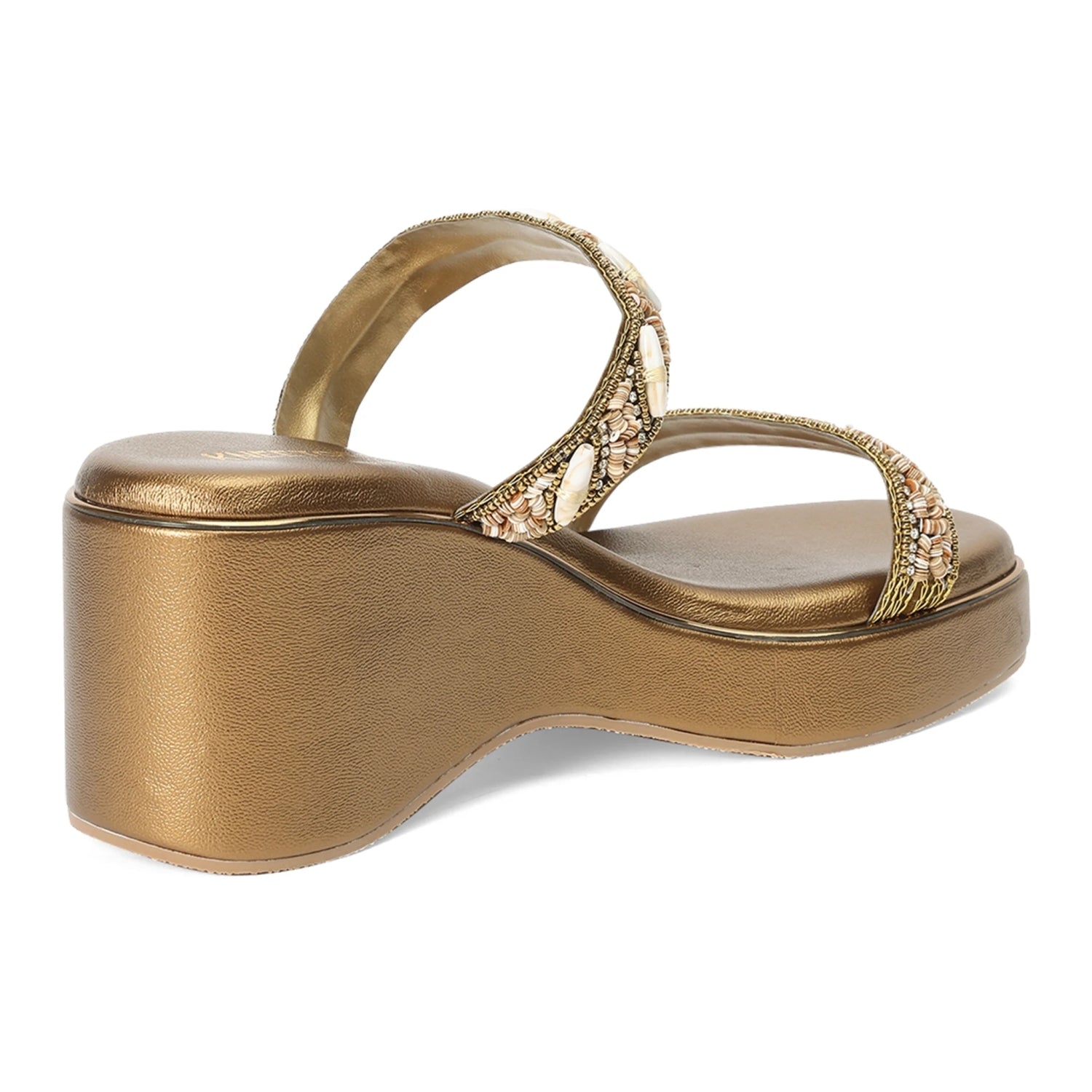 Embellished Bronze Open-Toe Sandals With Wedge Heel