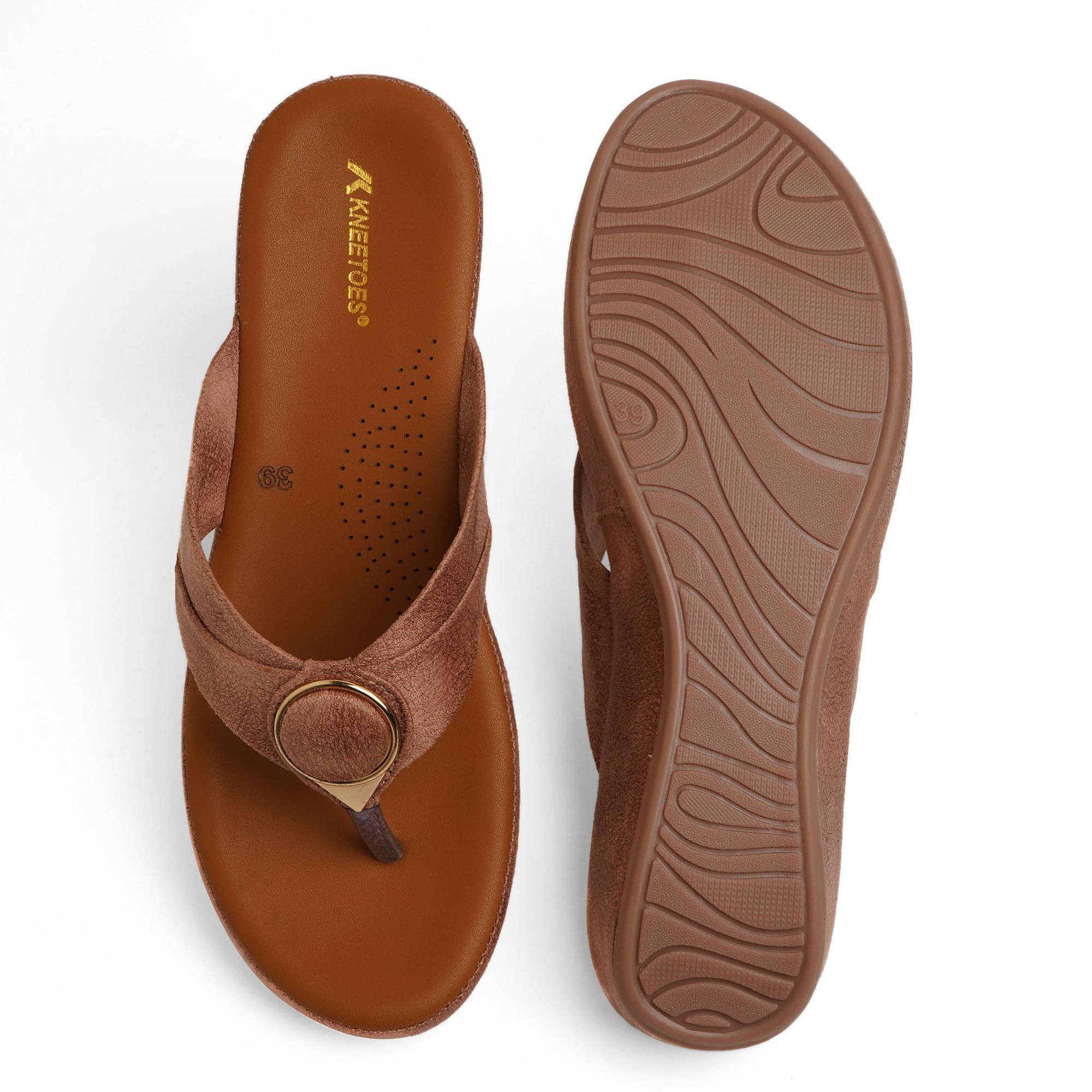 Brown Solid Wedge Thong Sandals