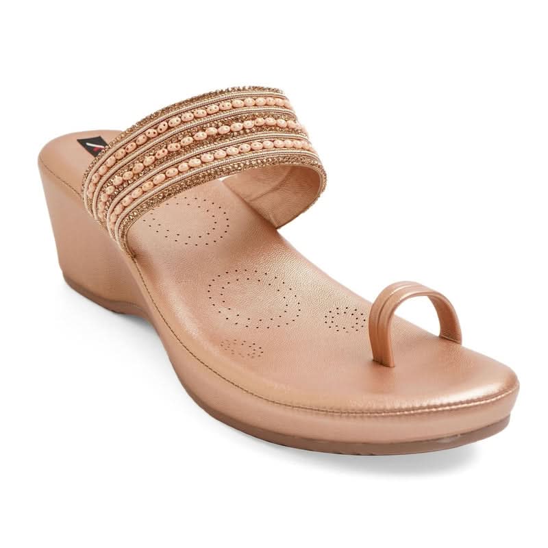 Rose-Gold Beaded Wedge One-Toe Sandals