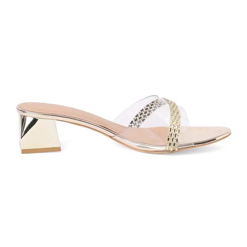 Gold Stone-Work Block Heel Sandals