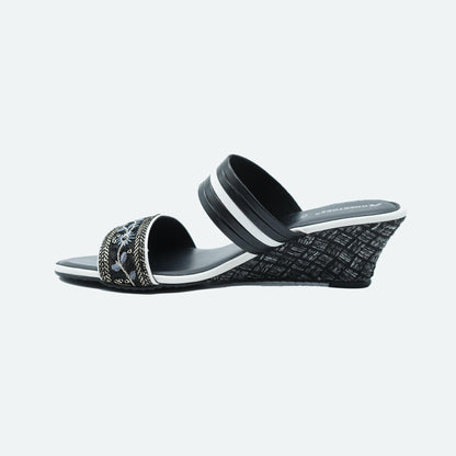 Bold Black Embroidered Wedge Sandals