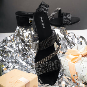 Black Stone-Work Braided Block Heels