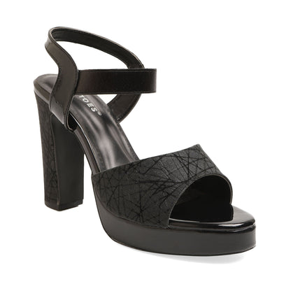 Exquisite Shimmery Black Chunky Heels Sandals For Wedding Wear