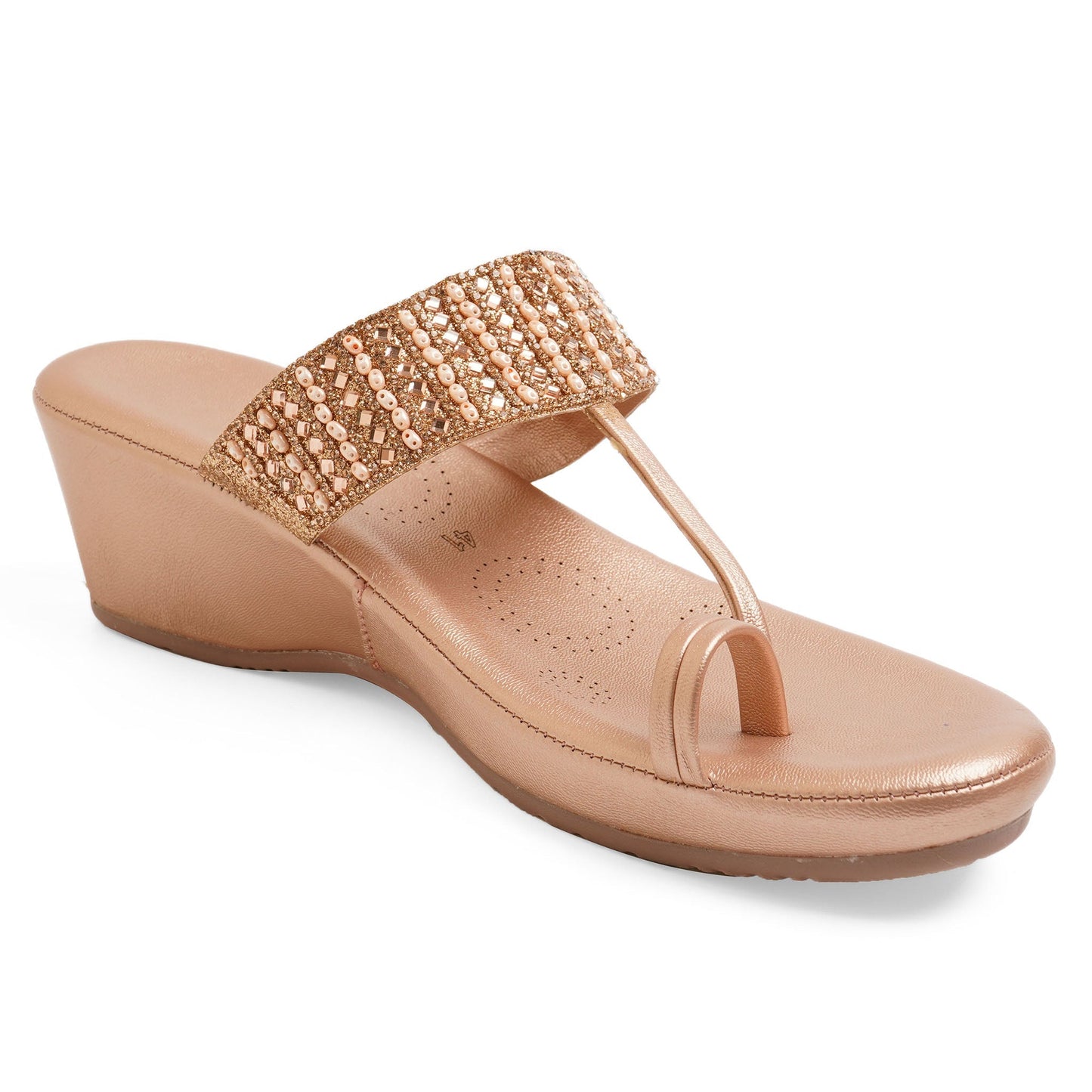 Elegant Zari Rose Gold Wedge Heel Sandals For Wedding Wear