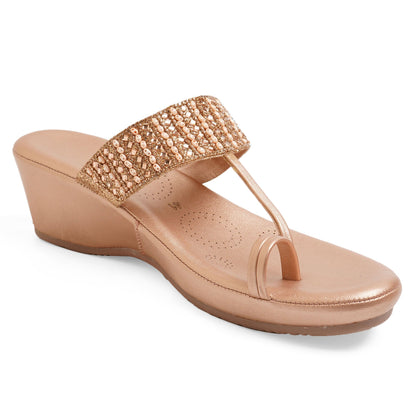 Elegant Zari Rose Gold Wedge Heel Sandals For Wedding Wear