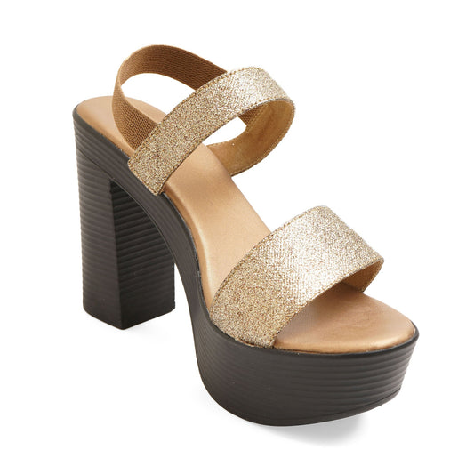 Stylish Glittery Gold Chunky Heel Sandals For Party Wear