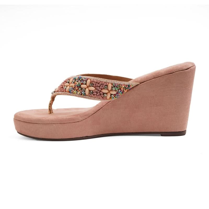 Light-Pink Stone-Work Beaded Wedge Sandals