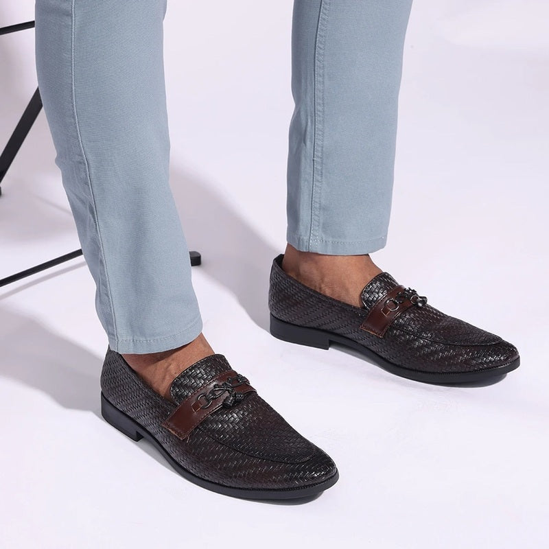 Luxe Textured Leather Loafers with Chain Accent