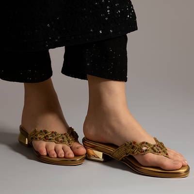 Embellished Bronze Stylish Thong Sandals