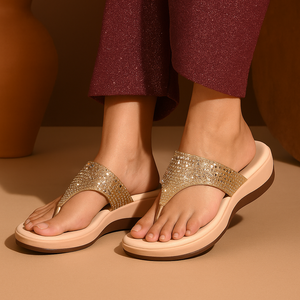 Embellished Beige Wedge Heel Flip-Flops