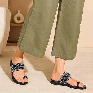 Jet Black Woven Toe-Ring Comfort Slides with Silver Embellishment