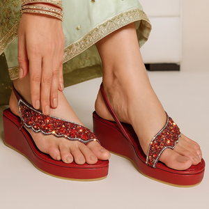 Crimson Handcrafted Stone & Sequin Wedge Sandals