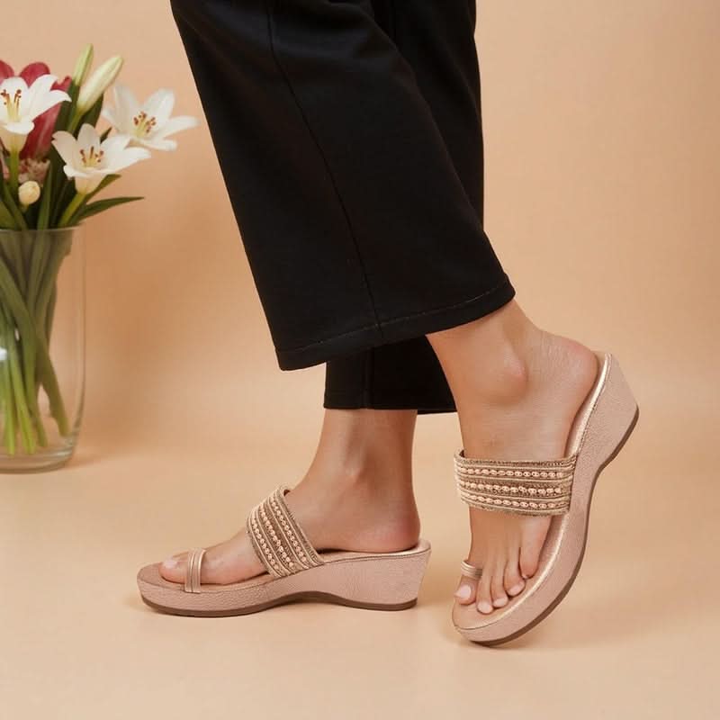 Rose-Gold Beaded Wedge One-Toe Sandals