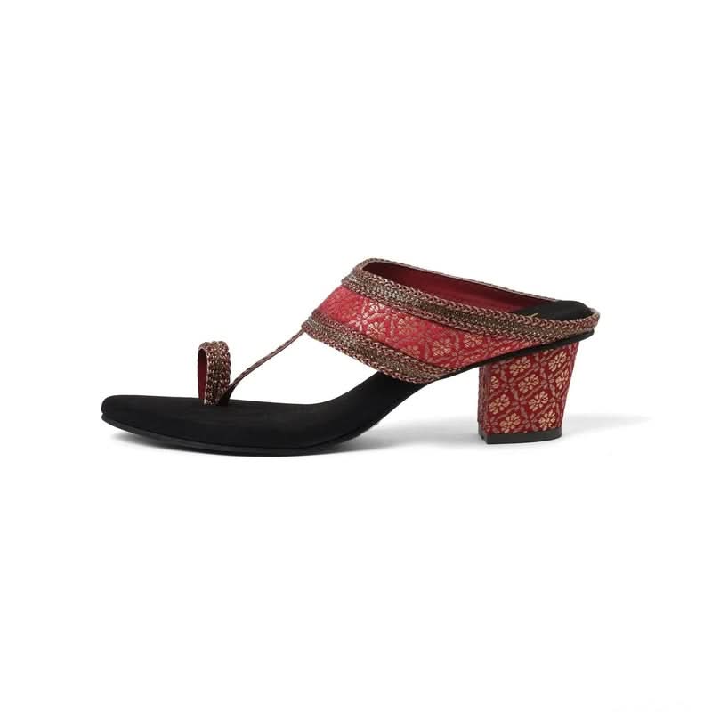 Regal Red Ethnic-Motif Block Heels