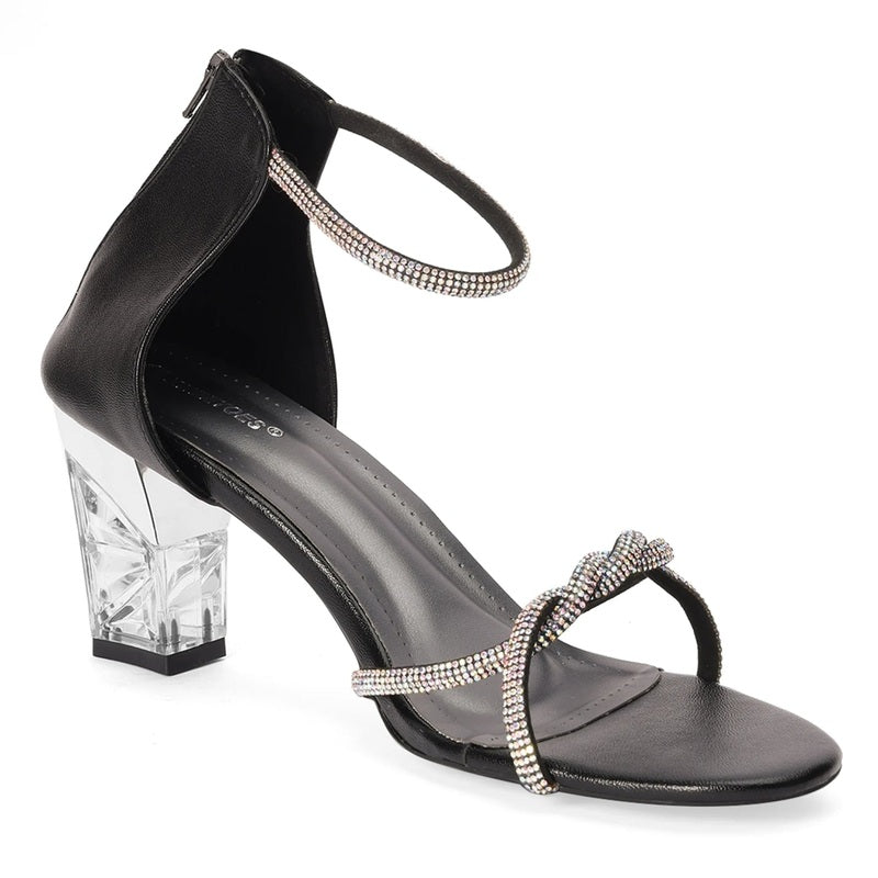 Rhinestone Embellished Black Open-Toe Sandals