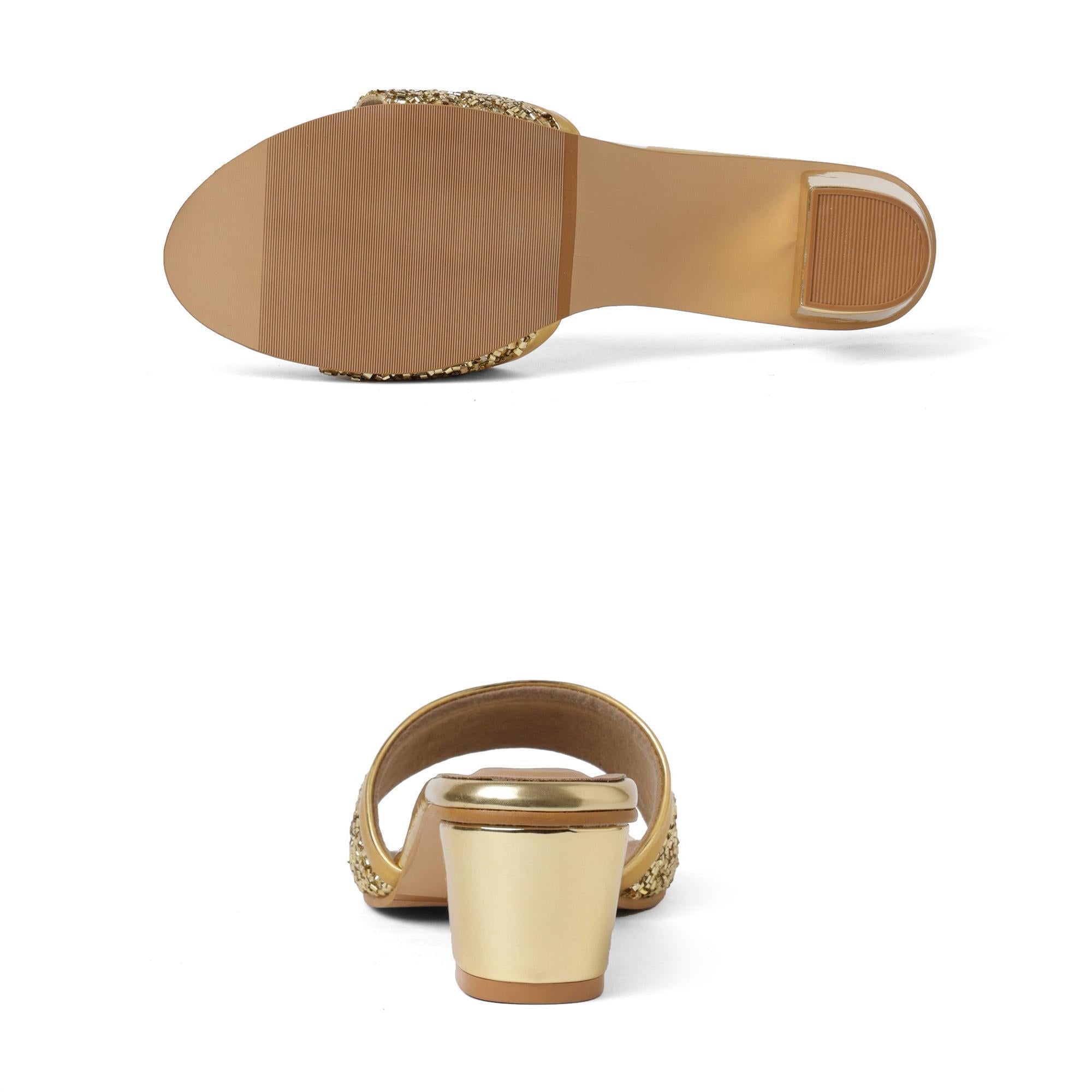 Shine Pop Gold Beaded Block Sandals