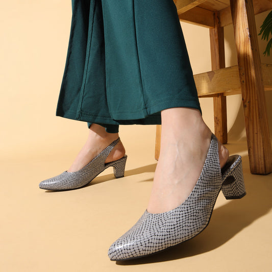 Chic Leather Grey Box Heel Mules For Office Comfort
