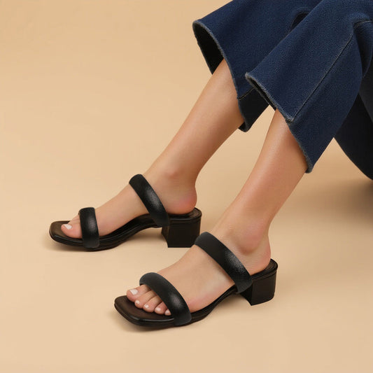 Trendy Shimmery Black Small Heel Slippers For Party Wear