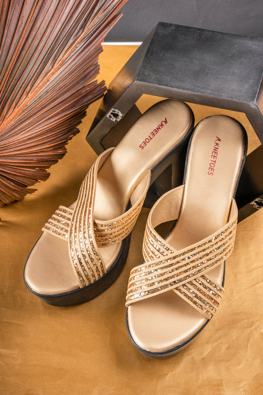 Classic Glittery Gold Chunky Heel Slippers For Party Wear