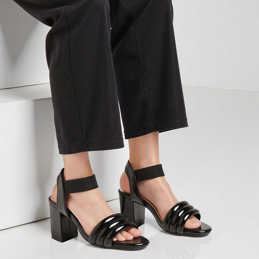 Sleek Glossy Black Block Heel Sandals For Office Comfort