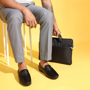 Black Leather Loafers with Buckle Accent