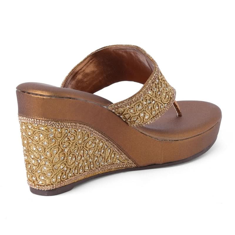 Embellished Bronze Wedge Heel Sandals