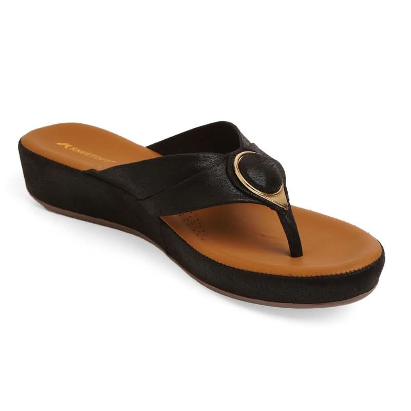 Black Solid Wedge Thong Sandals