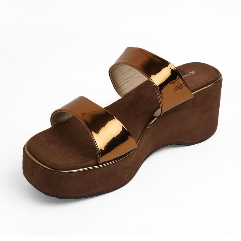 Shiny-Pop Bronze Open-Toe Wedge Heels