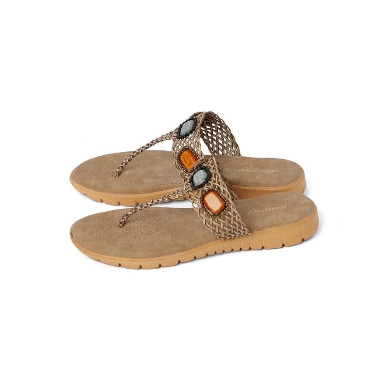 Bold Gem-Studded Beige T-Strap Sandals