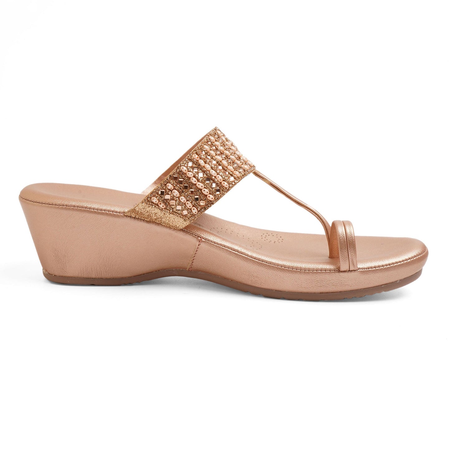 Elegant Zari Rose Gold Wedge Heel Sandals For Wedding Wear