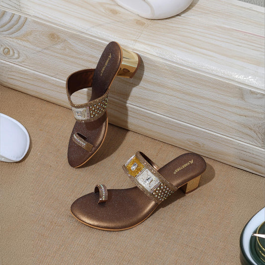 Glam Studded Bronze Block Heel Sandals