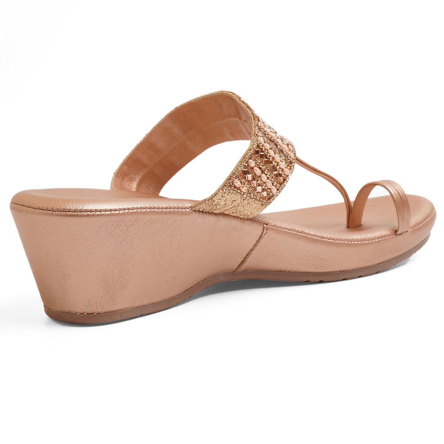 Elegant Zari Rose Gold Wedge Heel Sandals For Wedding Wear